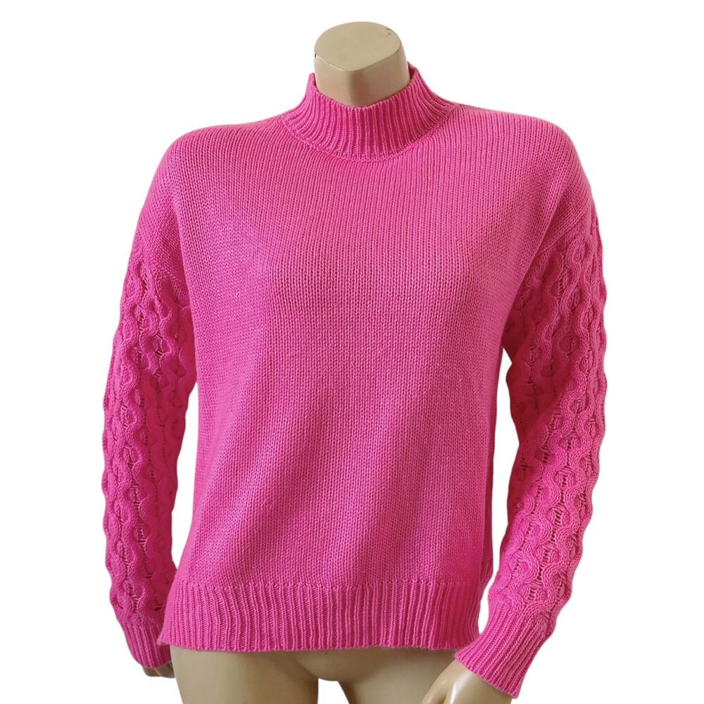 Tribekka 44 Sweater Womens Small Hot Pink Mock Neck Cable Knit Sleeve Pullover
